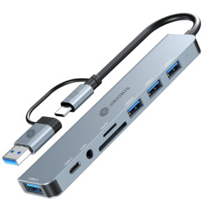 Orionis 8-in-1 Dual Hub Dock with USB-A & Type-C Input – Multiport Adapter with AUX, USB 3.0, USB 2.0, SD/microSD Card Reader, PD Charging, and Type-C Data for Laptop, MacBook & PC