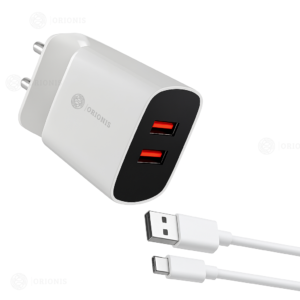 ORIONIS 12W Quick Charge 2.4A Dual USB Mobile Charger with Type-C Cable – Fast Charging Adapter (White)