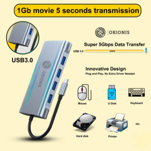ORIONIS AeroHub 11 USB-C Hub with 5Gbps USB 3.0 High-Speed Data Transfer – 1GB File Transfer in 5 Seconds