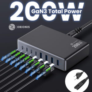 ORIONIS 200W GaN³ 8-Port Super Fast Charger Adapter Front View with Type-C and USB-A Ports