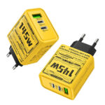 ORIONIS GaNCharge 145W yellow 3-port GaN wall charger with USB-C and USB-A ports